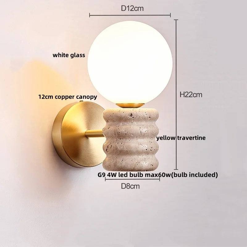 LED Wall Light Fixture Travertine Stone Wood Canopy Bedside Lamp