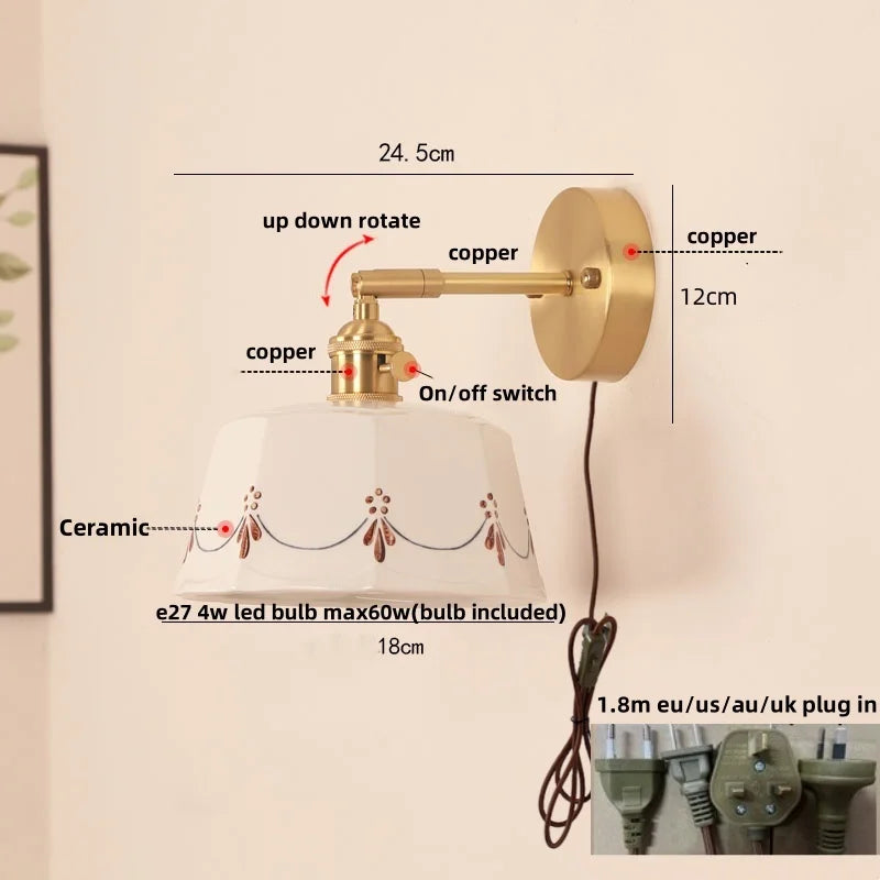 LED Ceramic Wall Lamp - Pull Chain Switch, Rotating Up Down Light