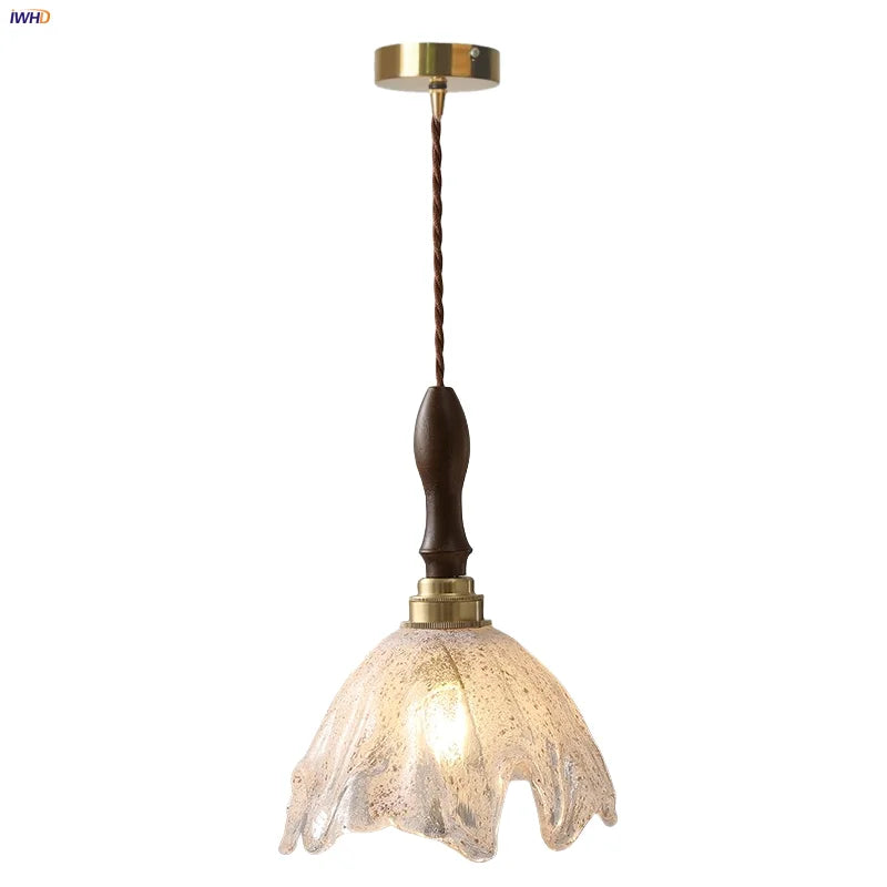 Afralia™ Glass LED Pendant Light Fixture Walnut Wood Modern Style Flush Mount Hang Lamp