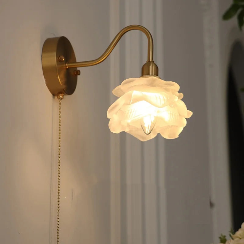Pink Glass Copper Wall Sconce Pull Chain Switch Stair Light Fixtures
