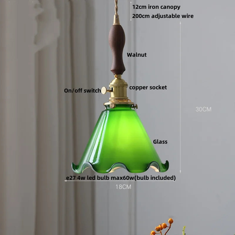Brass Knob Switch LED Pendant Light, Nordic Amber Glass Hanging Lamp