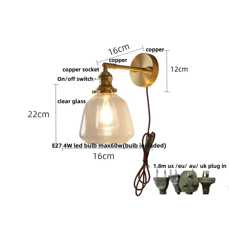 Copper Pull Chain LED Wall Light with Clear Glass Rotate Bedside Lamp
