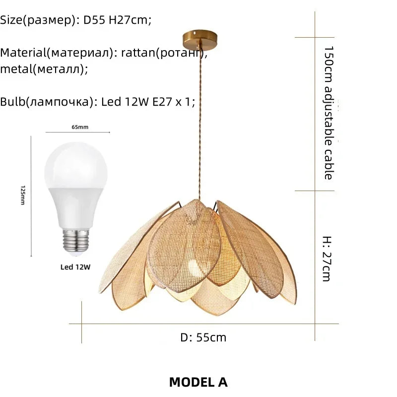 Rattan Petal Chandelier: Modern Nordic Wabi Sabi LED Pendant Light