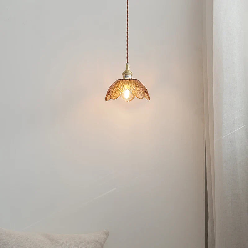 Amber Glass LED Pendant Light Fixture Nordic Modern Copper Hanging Lamp