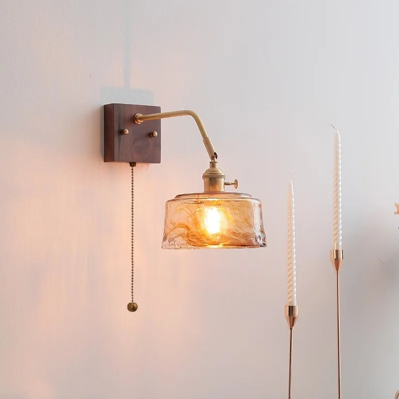 Walnut Copper LED Wall Lights Fixture with Pull Chain Switch - Modern Bedside Lamp