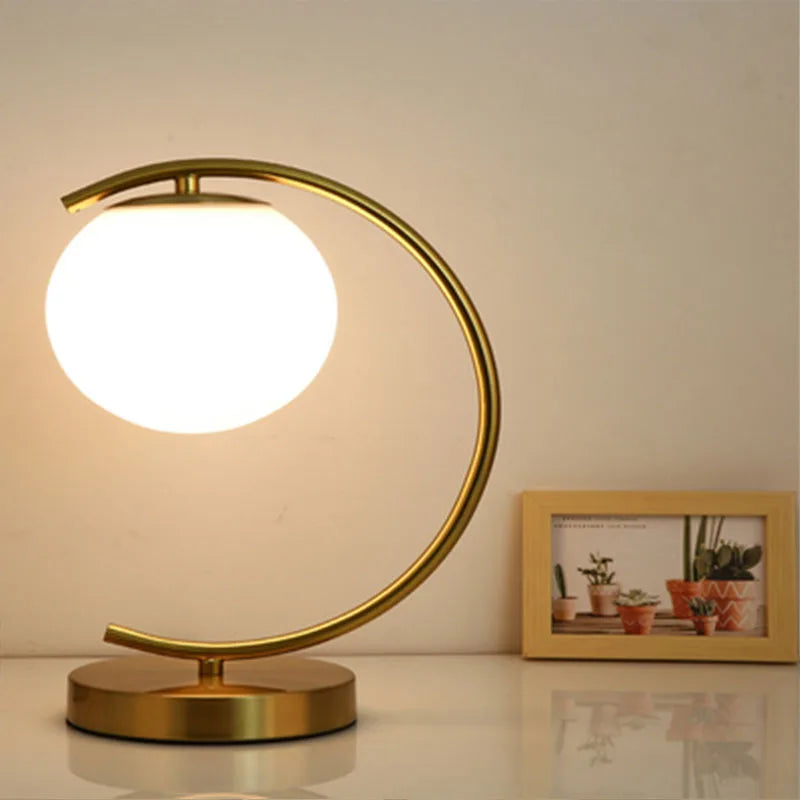 LED Brass Glass Table Lamp for Bedside Reading Desk - Modern Round Ring Design