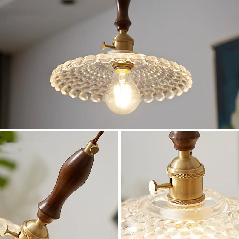 Copper Glass Pendant Light Fixture with Wood Handle & LED Bulb