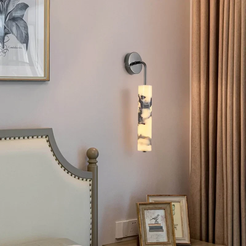 Carbon Steel LED Wall Lamp with Pull Chain Switch & Marble Stone Fixtures