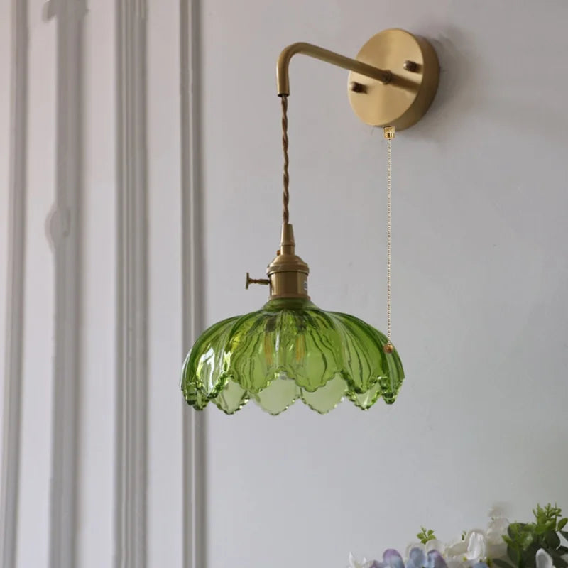 Green Glass LED Wall Lights Fixture with Pull Chain Switch