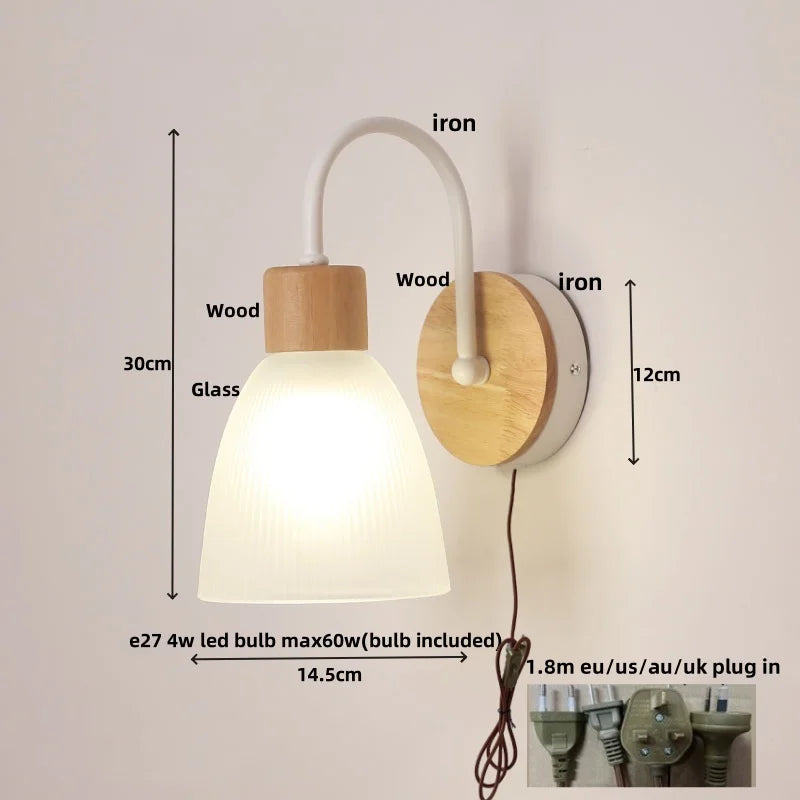 Glass LED Wall Sconce Wood Base Modern Bathroom Light Fixture