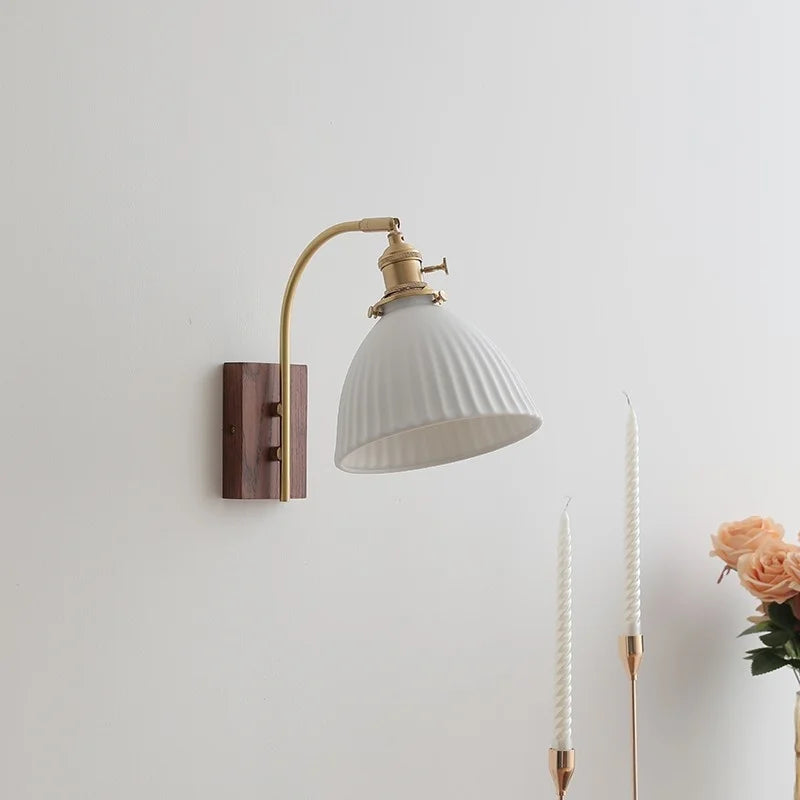Ceramic Walnut LED Wall Lights Modern Bedside Lamp - Knob Switch