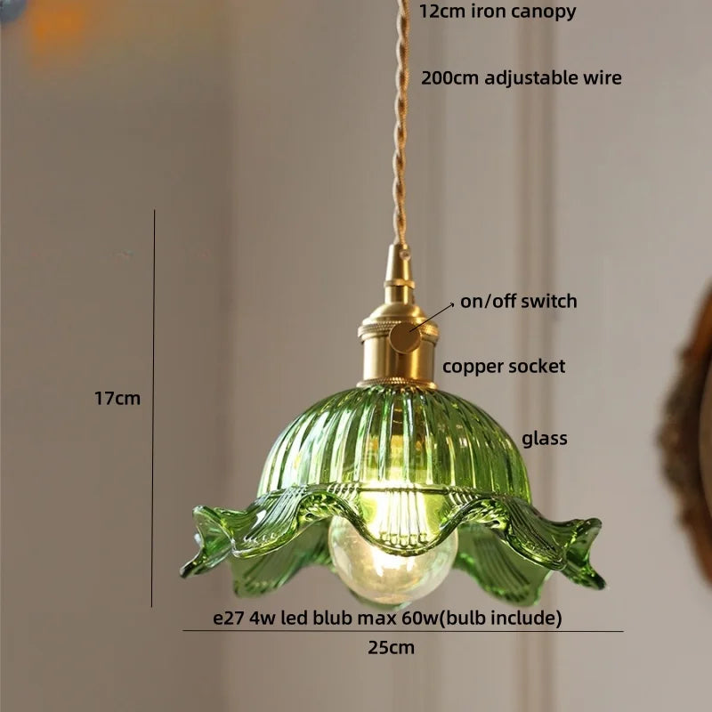 Afralia™ Nordic LED Flower Glass Pendant Light Fixture with Walnut Wood - Amber Glass