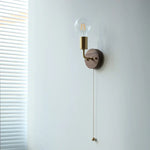 Walnut Wood LED Wall Light with Pull Chain Switch & Clear Glass Sconce