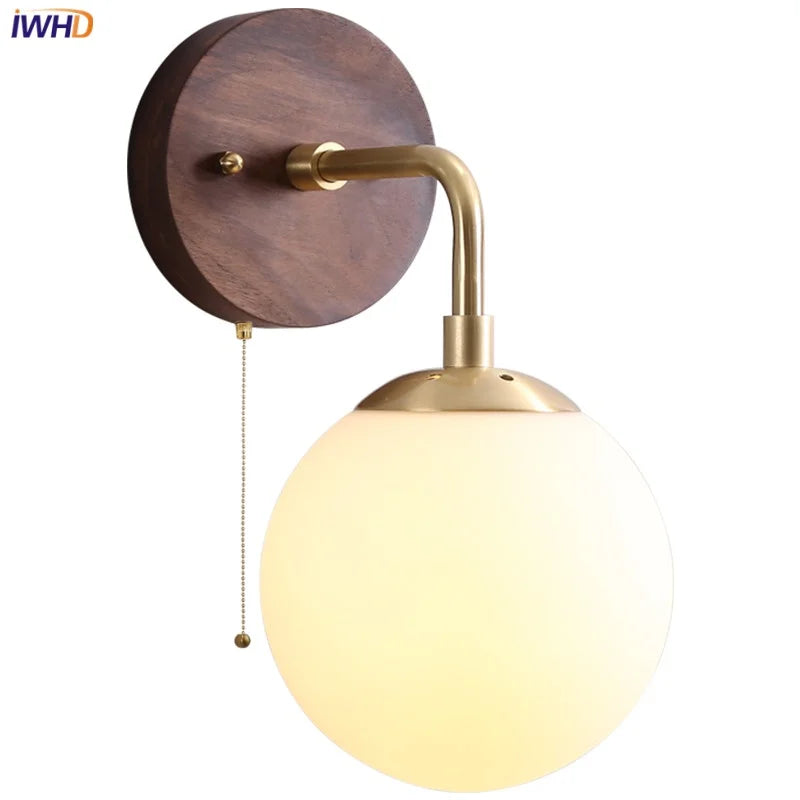 Glass Wall Light Fixture Walnut Wood Modern Nordic Pull Chain Switch Lamparas
