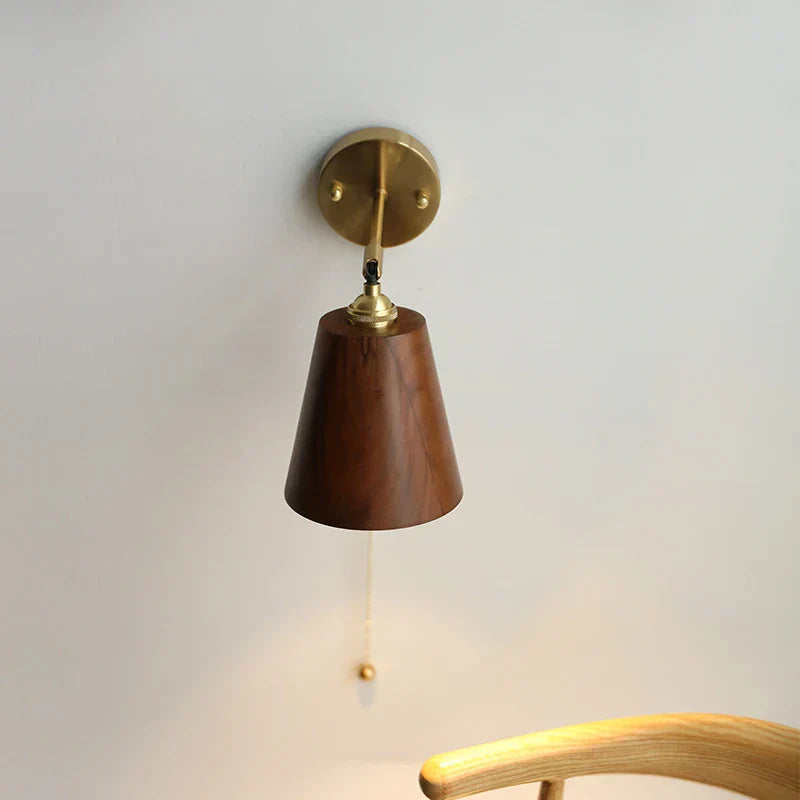 Walnut Wood LED Wall Light Fixture with Pull Chain Switch, Rotating Up Down Design