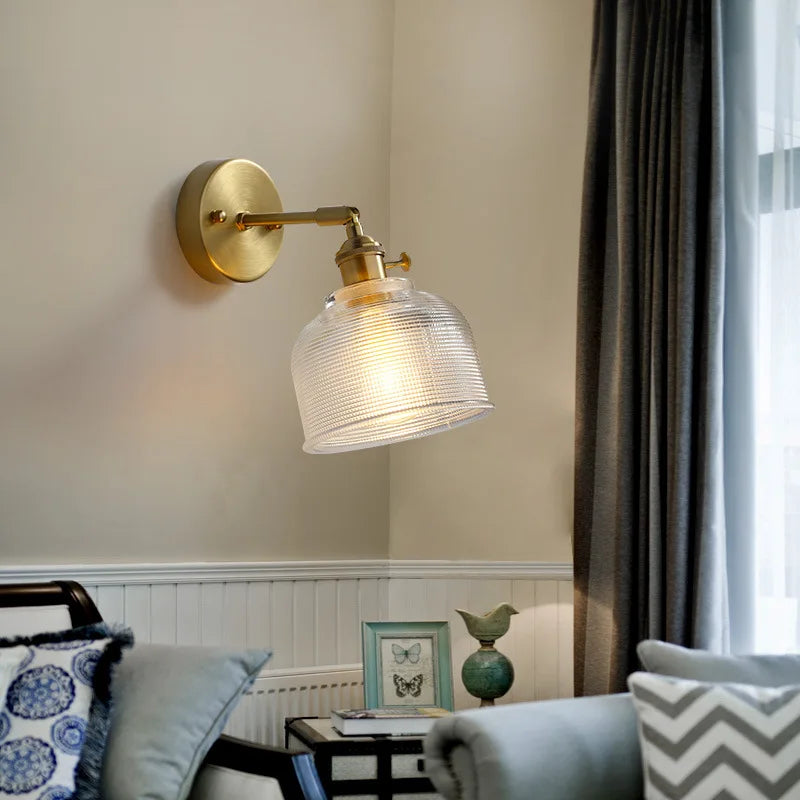 Clear Brass Glass LED Wall Lamp Pull Chain for Living Room Bedroom Loft