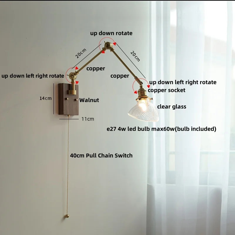 Nordic Green LED Wall Sconce with Swing Arm, Wood Base and Pull Chain Switch