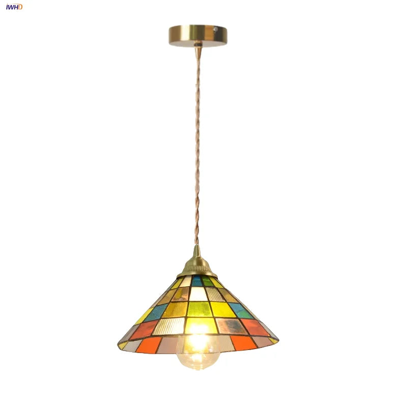 Afralia™ Magic Cube LED Pendant Lights Glass Walnut Wood Tiffany Style Hang Lamp