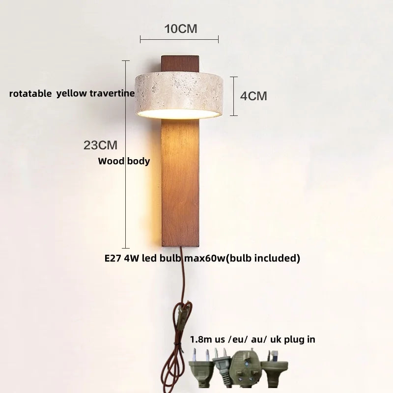 Yellow Travertine Wood Canopy LED Wall Light, Japan Style Bedside Lamp