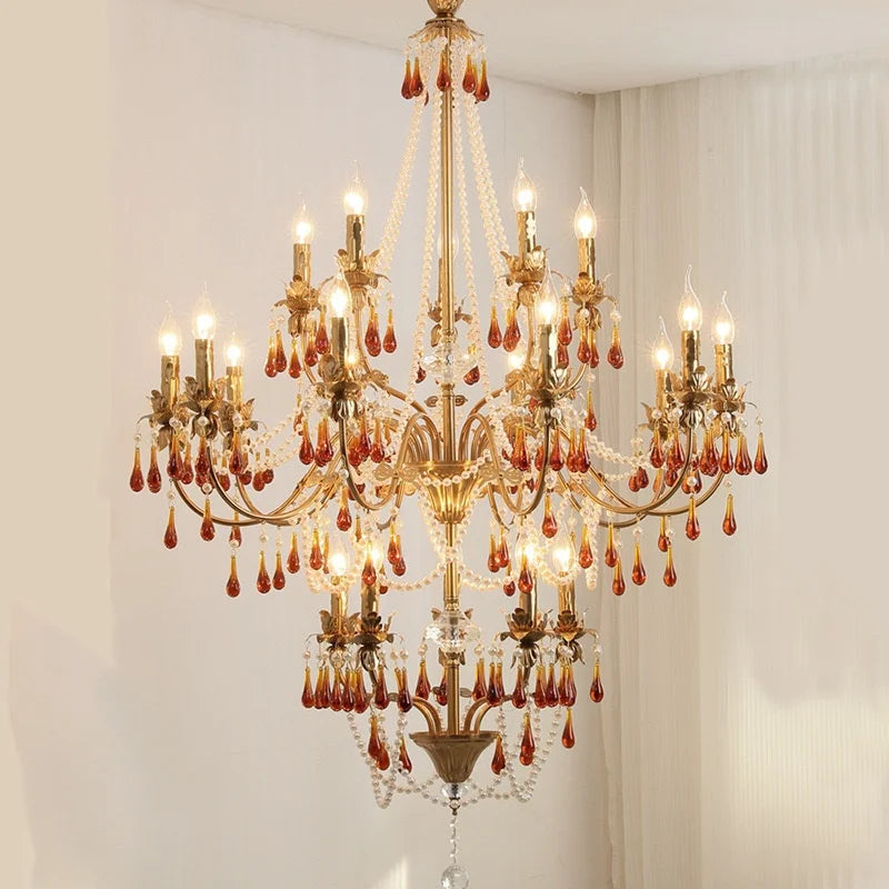 Luxury Red Crystal Candle Chandelier LED Pendant Light - Copper E14 Glamourizing Luminarias