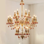 Luxury Red Crystal Candle Chandelier LED Pendant Light - Copper E14 Glamourizing Luminarias