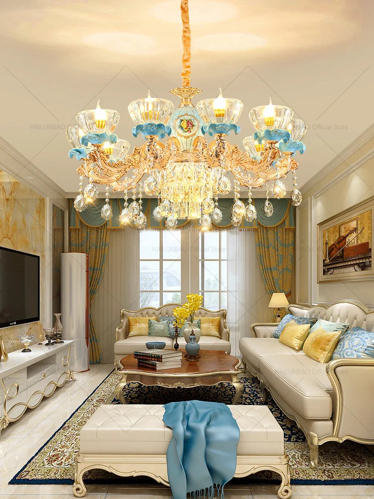Crystal Chandelier: Chinese Ceramic Living Room Luxe Lighting