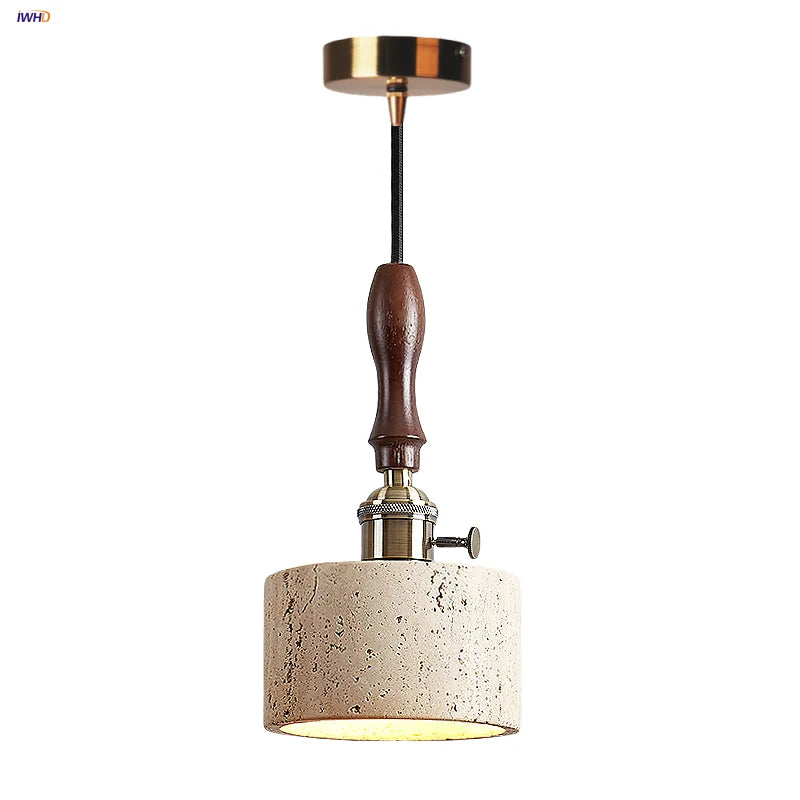 Afralia™ Wood Walnut LED Pendant Light Yellow Trivertine Stone Hanging Lamp