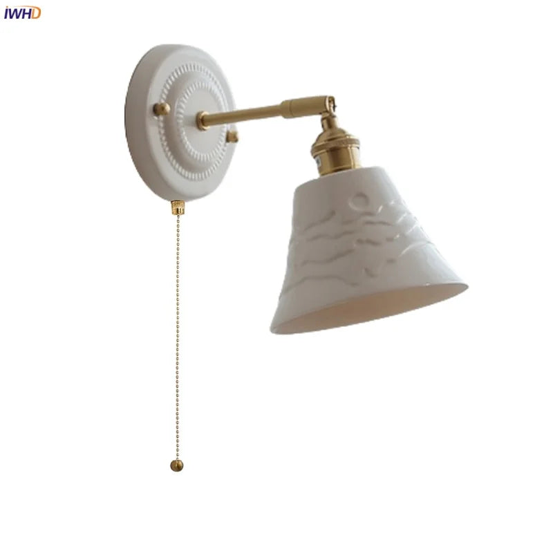Afralia™ Copper Ceramic LED Wall Lamp with Pull Chain Switch for Stair Living Room