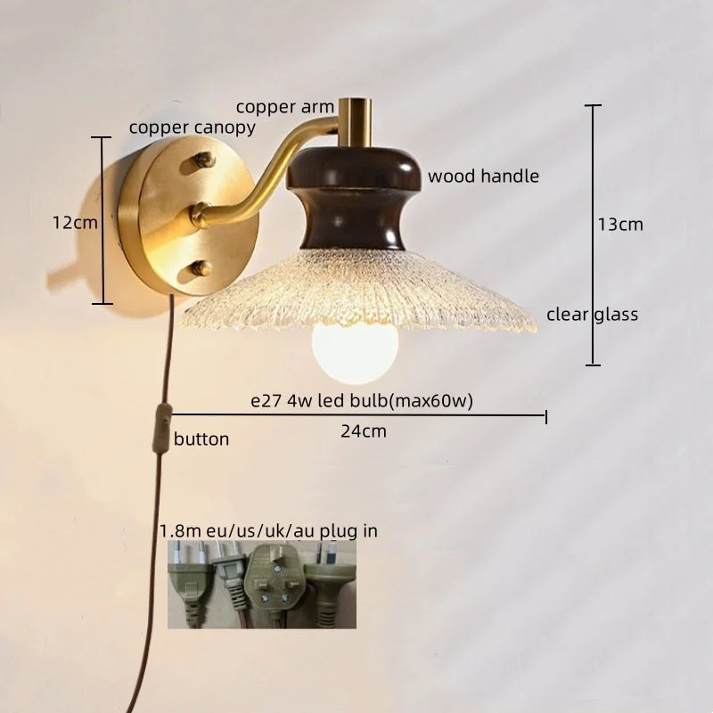 Wood Handled Copper Arm LED Wall Light - Vintage Bedside Lamp