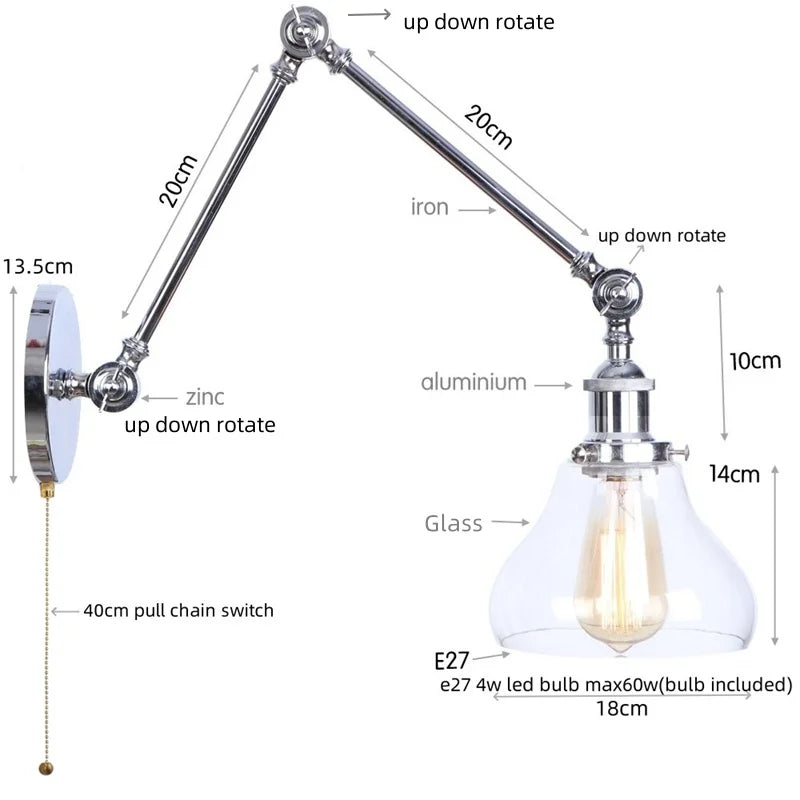 Chrome Industrial LED Wall Sconce Swing Arm Clear Glass Lamp