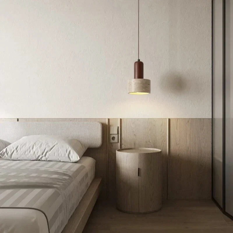 Wood Stone LED Pendant Light Yellow Travertine Modern Luminaria