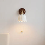 White Flower Ceramic LED Wall Sconce with Wood Base and Copper Rotate