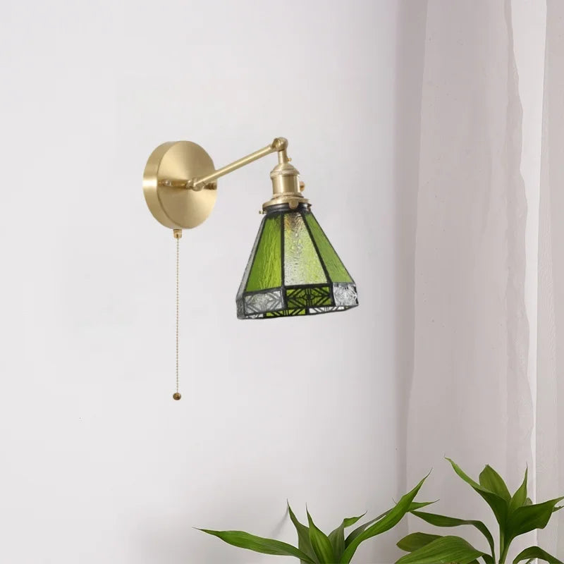 Green Glass LED Wall Sconce, Pull Chain Switch, for Bedside, Bathroom, Living Room
