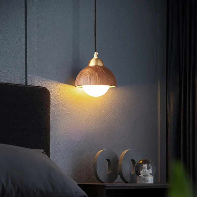 Walnut Wood LED Pendant Light with Vintage Copper Finish