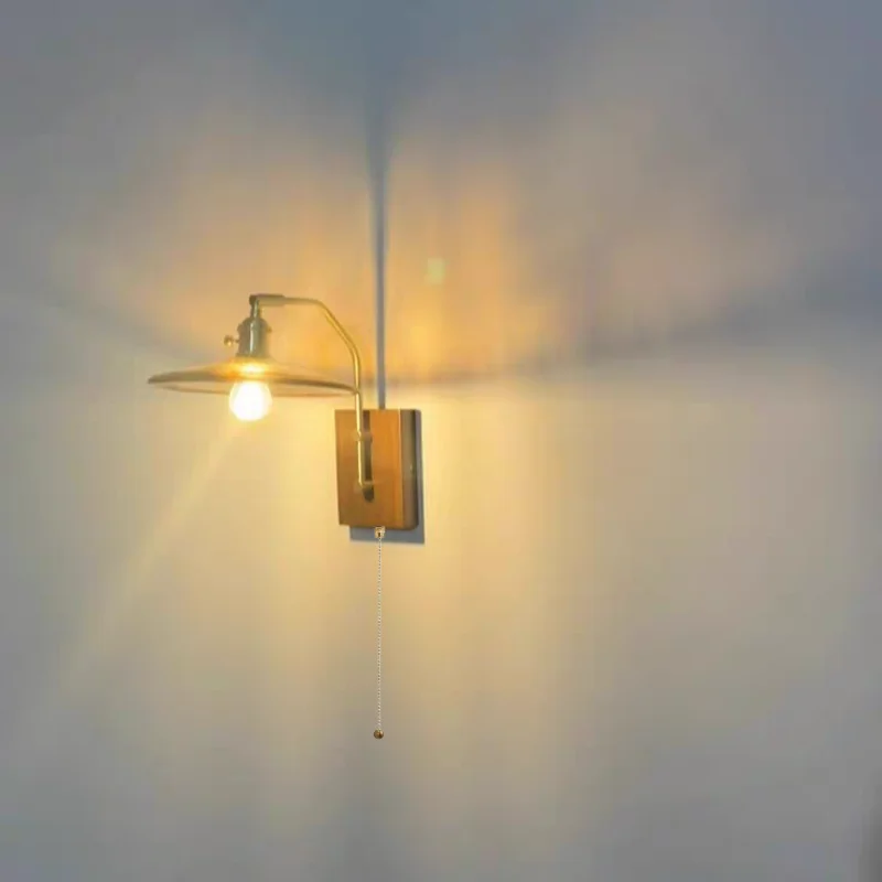 Walnut Wood LED Wall Light Glass Pull Chain Switch Nordic Modern Bedroom Lamp