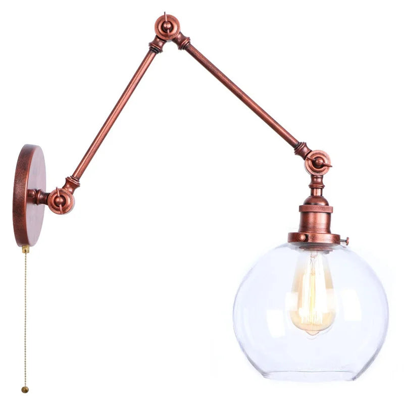 Swing Arm LED Wall Lights Pull Chain Switch Glass Ball Industrial Home Decor