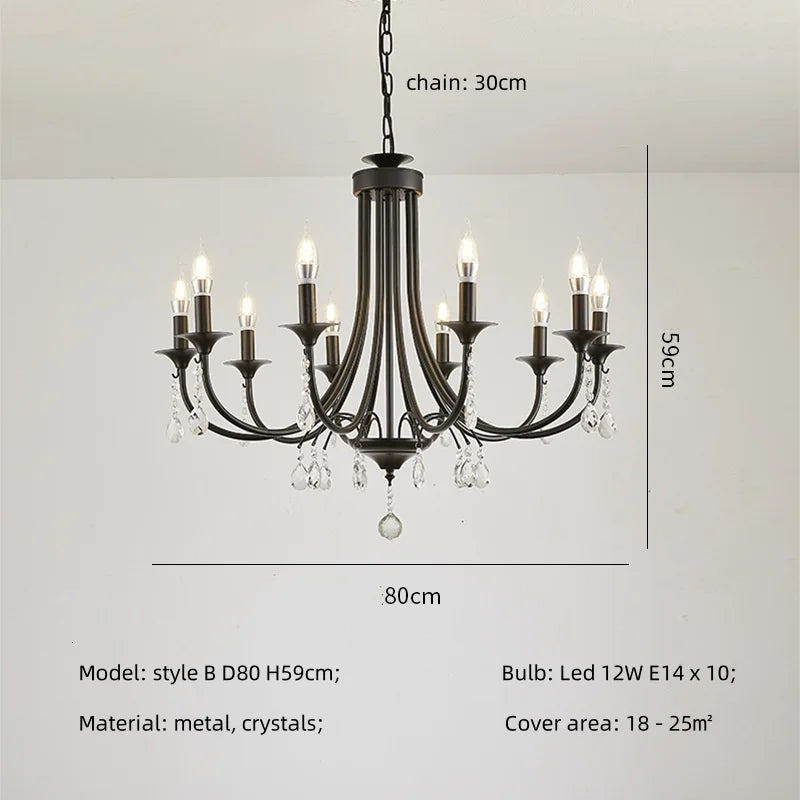Black Metal Crystal Chandelier: Artistic LED Lighting for Home Decor