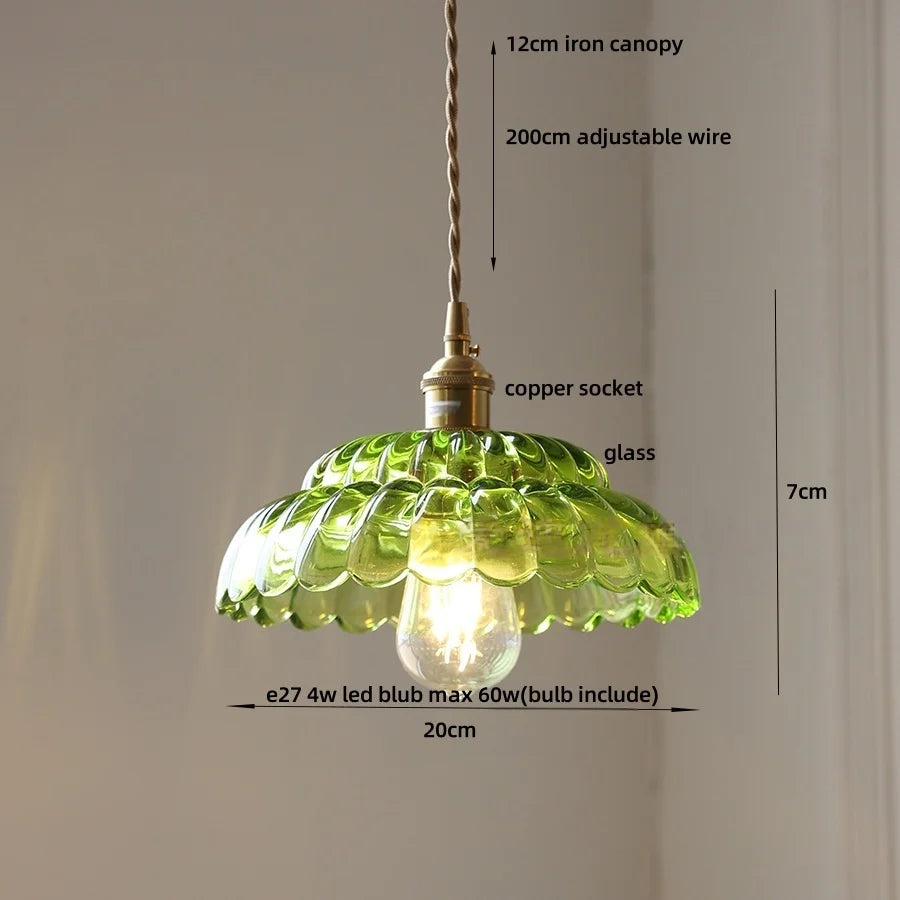 Afralia™ LED Pendant Lamp with Adjustable Wire, Copper Socket, Walnut Wood, Green Glass