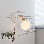 White Glass LED Wall Lights Pull Chain Switch Copper Arm - Bedroom Stair Living Room Mirror Bedside Lamp