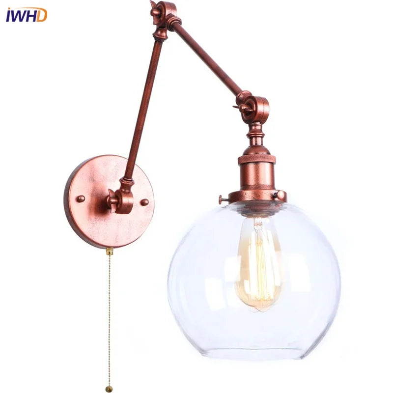 Swing Arm LED Wall Lights Pull Chain Switch Glass Ball Industrial Home Decor