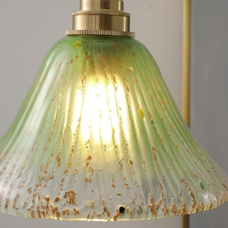 LED Wood Walnut & Green Glass Pendant Light - Nordic Modern Style