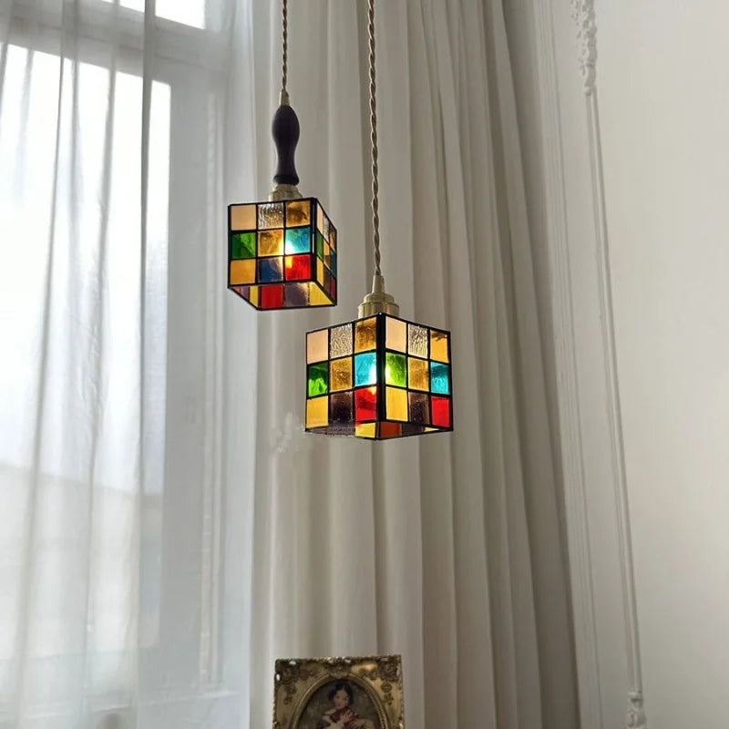 Rubik's Cube LED Pendant Lamp - Walnut Wood Colorful Glass Hanging Lights