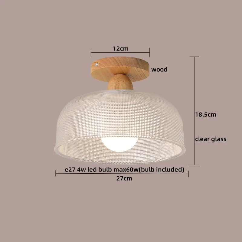 Nordic Wood Glass LED Ceiling Light Modern Indoor Lighting Balcony Corridor Restaurant