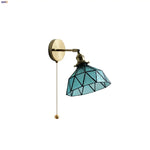 Tiffany Blue Glass LED Wall Sconce Rotate Copper Pull Chain Switch Light Fixtures