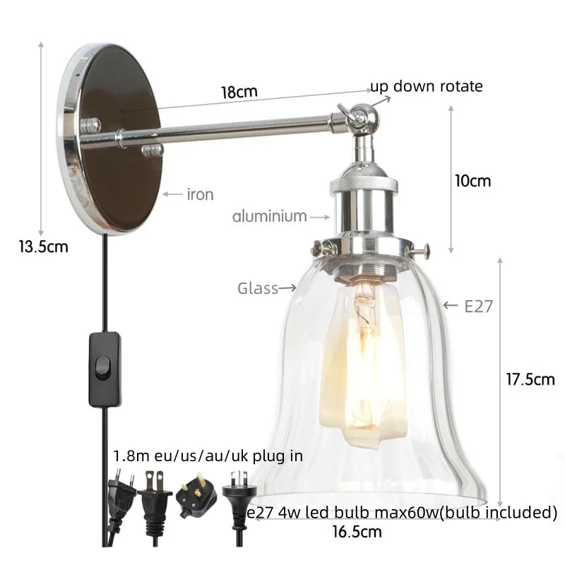 Loft Clear Glass Rustic LED Wall Light - Industrial Style Iron Wall Lamp
