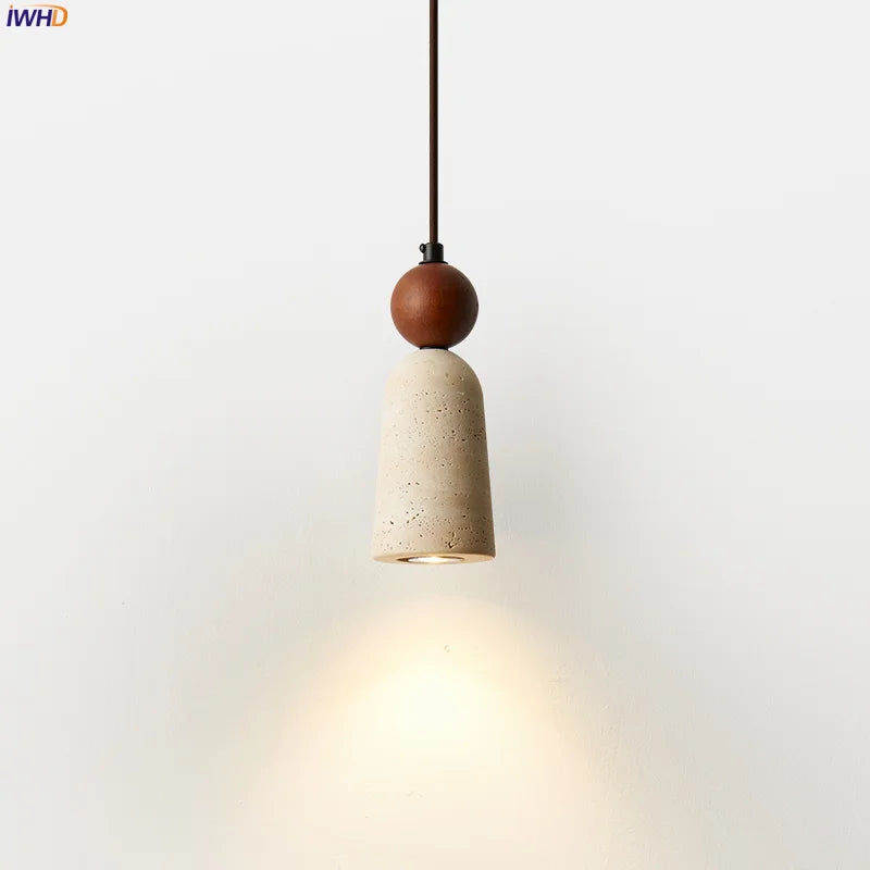 Afralia™ Wood Yellow Travertine LED Pendant Light Hanglamp for Home Decor