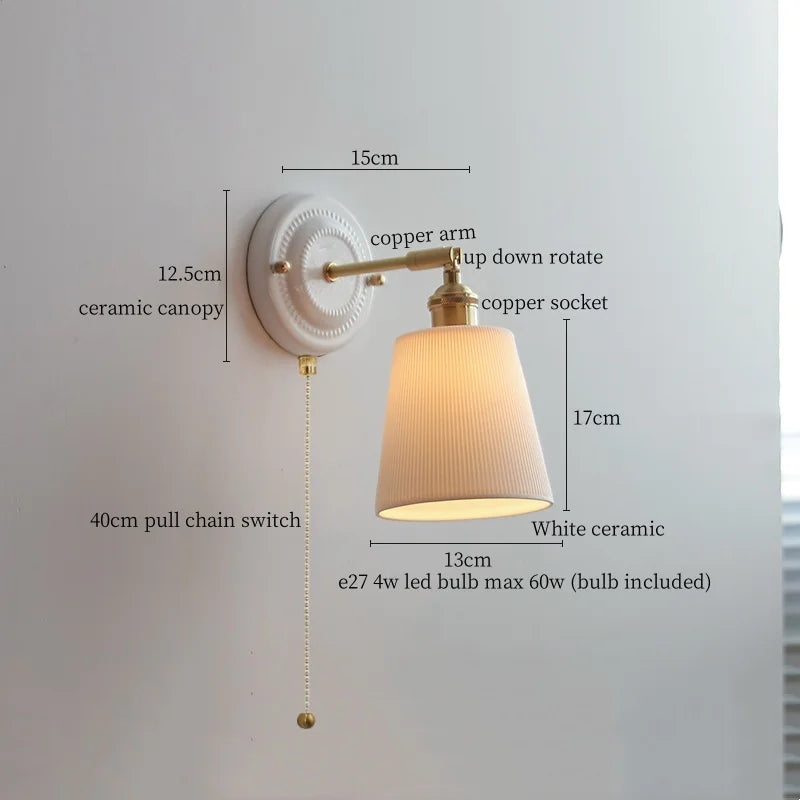 White Glass LED Wall Lights Pull Chain Switch Copper Arm - Bedroom Stair Living Room Mirror Bedside Lamp