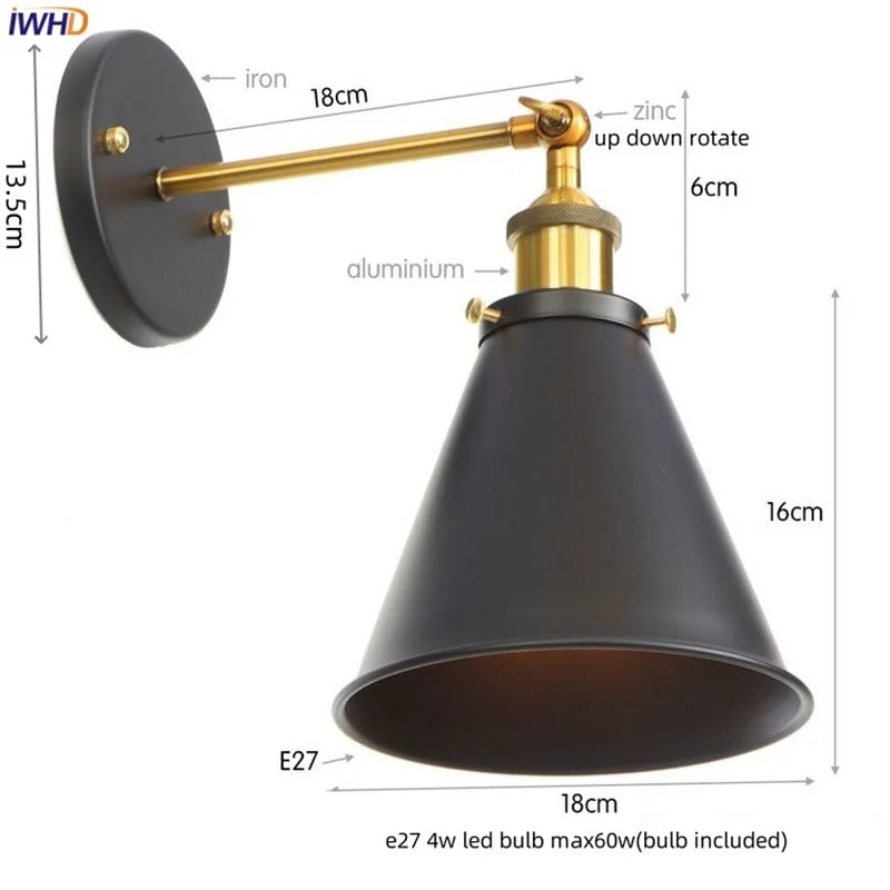 Gold Industrial LED Wall Lamp for Loft Stair & Bedroom Lighting