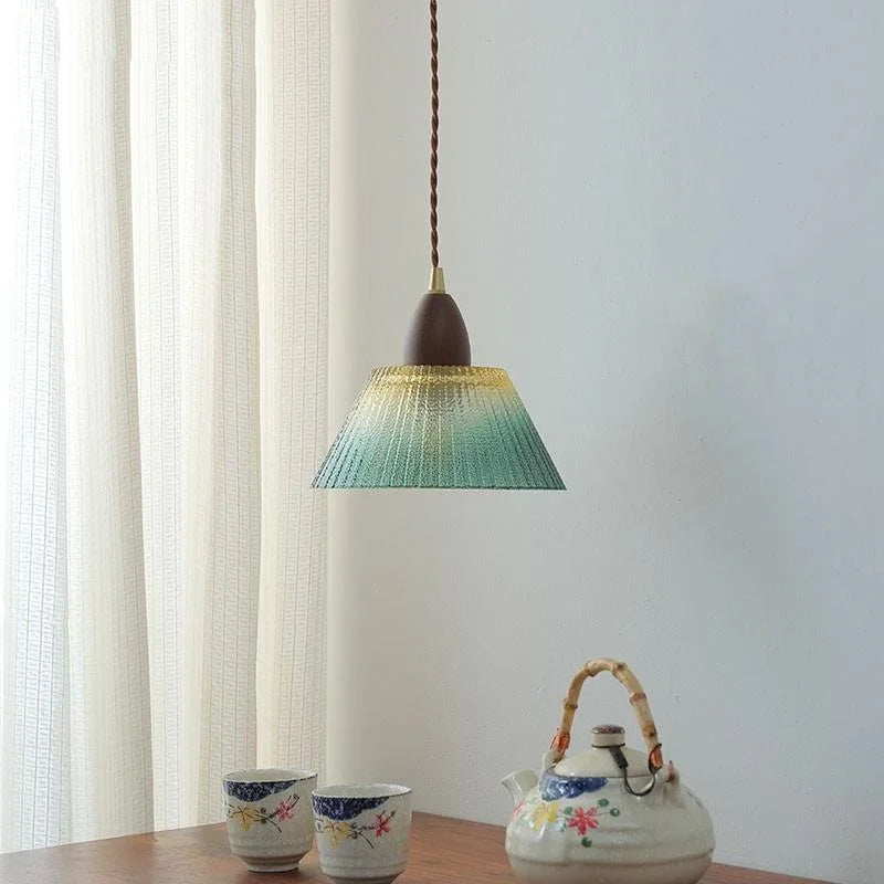 Walnut Wood LED Pendant Lamp Green Glass Modern Interior Hanging Light