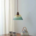 Walnut Wood LED Pendant Lamp Green Glass Modern Interior Hanging Light